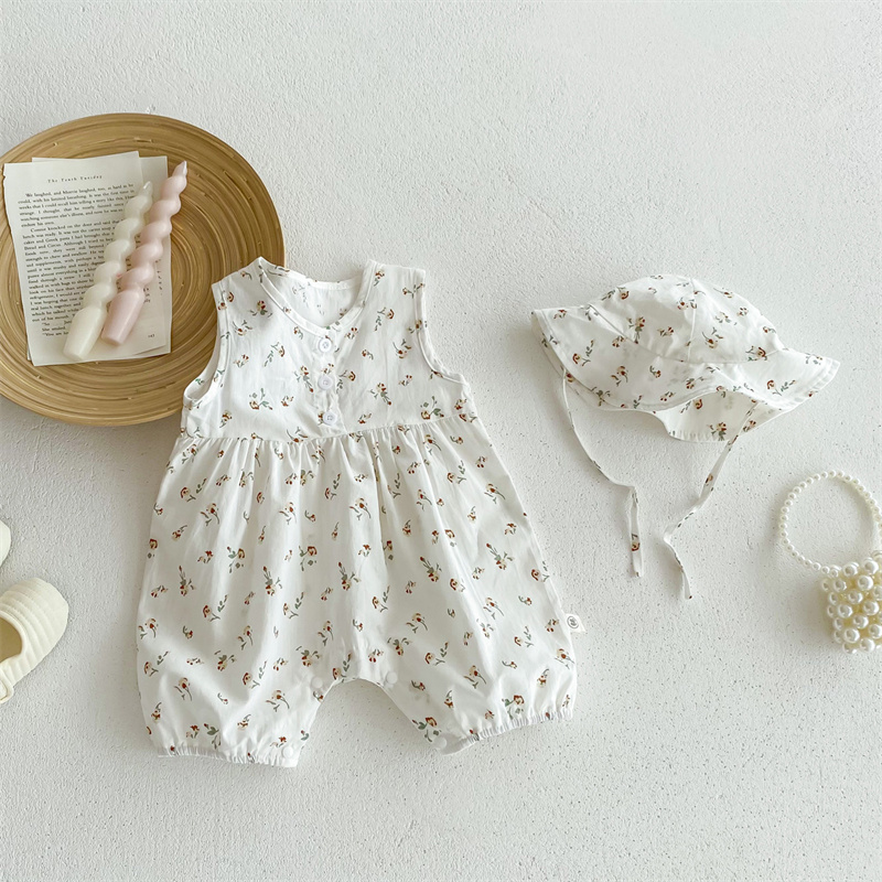 Baby Girl Floral Plaid Sleeveless Romper+ Hairband 2pcs set