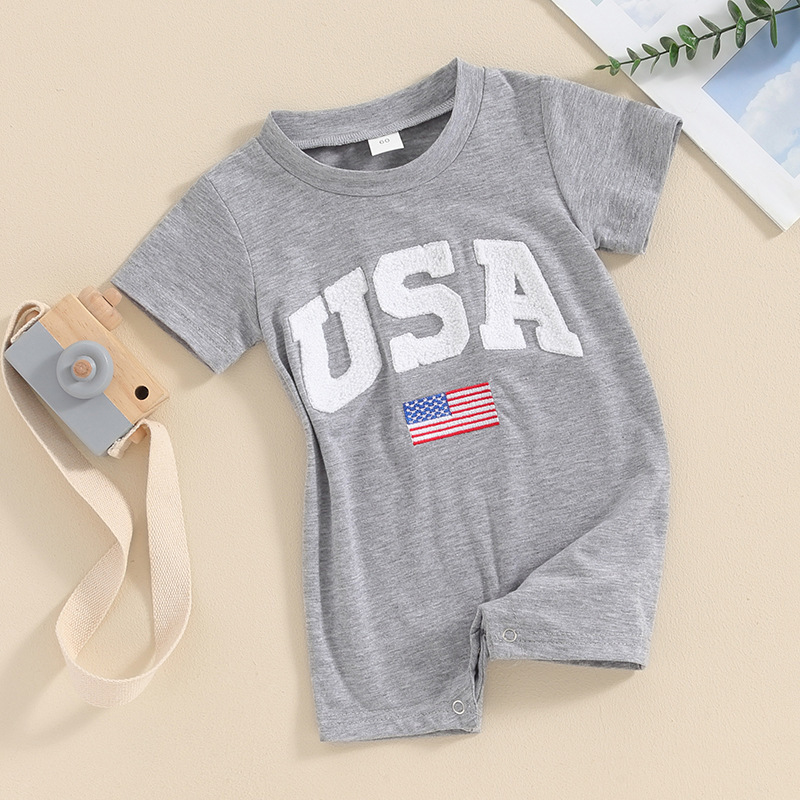 Baby Boys Embroidered Independence Day Alphabet USA Short Sleeve Rromper