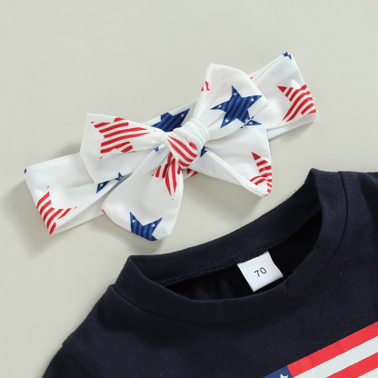  Baby Boy/Girl American Flag Print T-shirt + High-waisted Pant +Hairband Three-piece Set