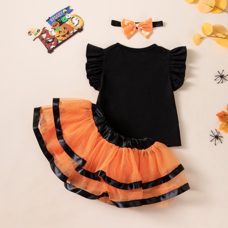 Baby Girl Halloween Ghost Print Three Piece Outfit Set