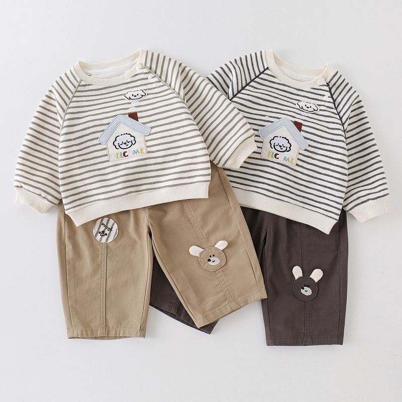 Baby Striped Sweatshirt Set with Puppy Patch