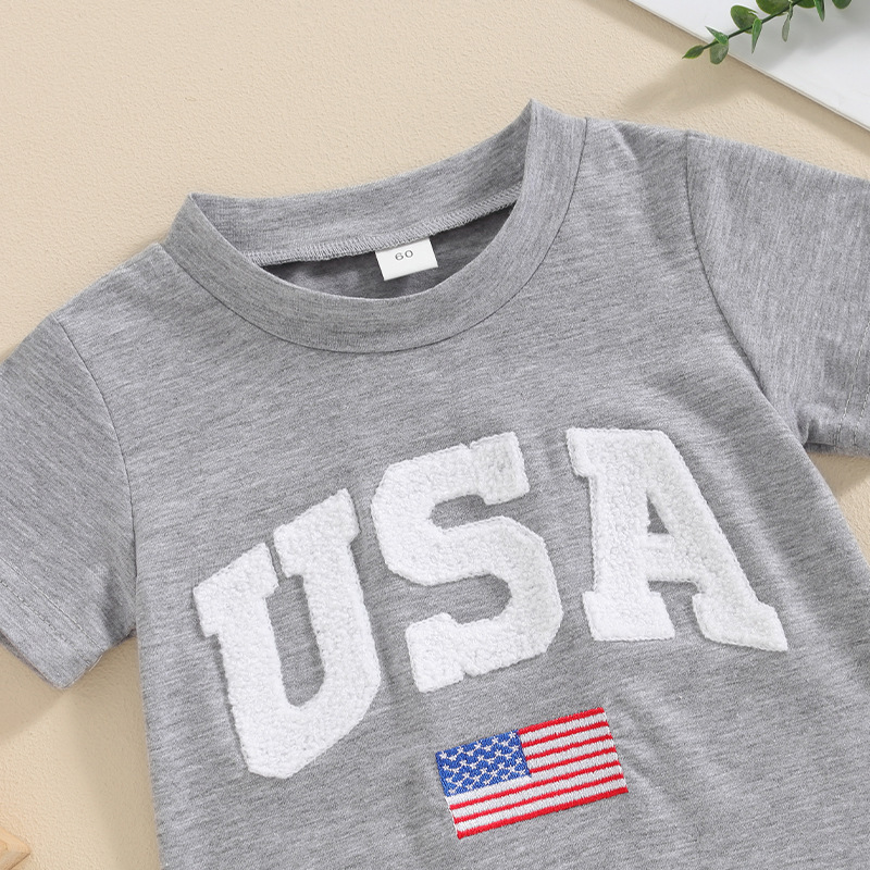 Baby Boys Embroidered Independence Day Alphabet USA Short Sleeve Rromper