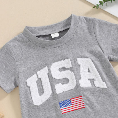 Baby Boys Embroidered Independence Day Alphabet USA Short Sleeve Rromper