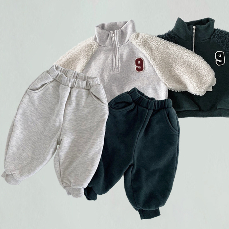 Chambray Patchwork Fleece Sweatshirt Two Piece Set