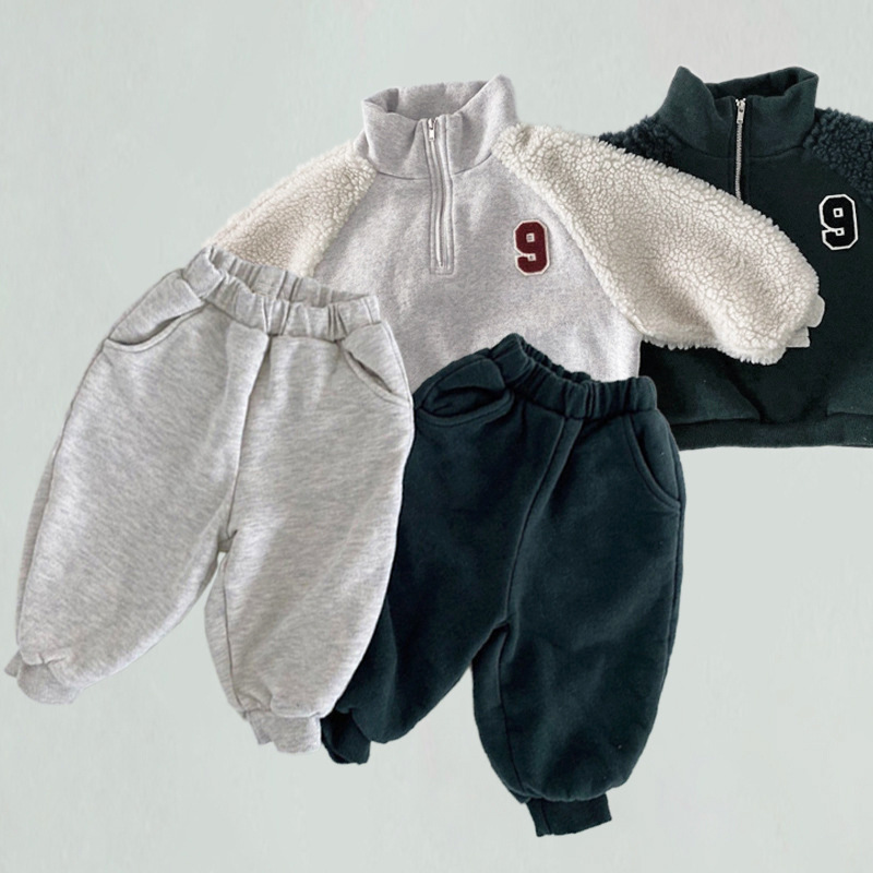 Chambray Patchwork Fleece Sweatshirt Two Piece Set