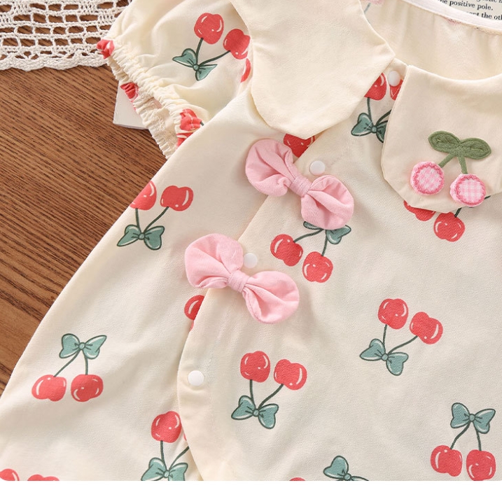 Baby Girl Bow Cherry Print Thin Romper/Bodysuit