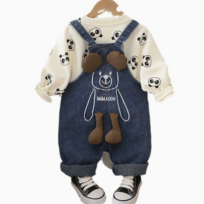 Baby Denim Overalls and Allover Print T-Shirt Set