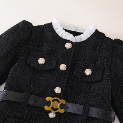 Baby Girl Tweed waisted padded and thickened pleated Long Sleeve Dress