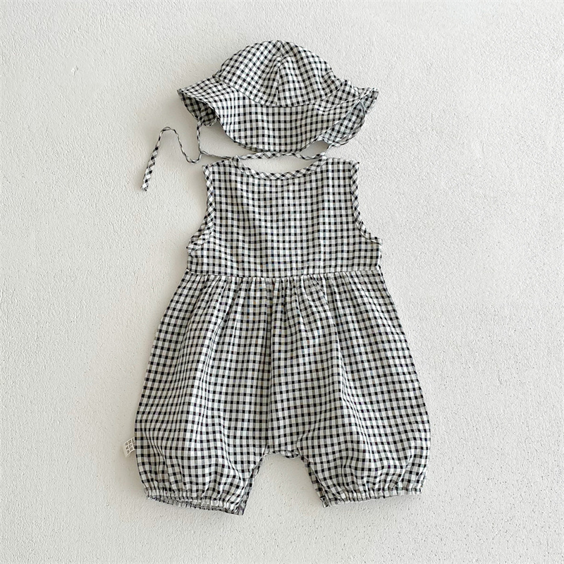 Baby Girl Floral Plaid Sleeveless Romper+ Hairband 2pcs set