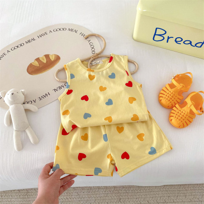 2pcs Baby Boy/Girl Thin Cotton Love Dot Print Sleeveless T-Shirt with Pant Set