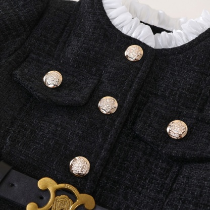 Baby Girl Tweed waisted padded and thickened pleated Long Sleeve Dress