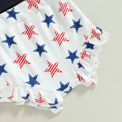  Baby Boy/Girl American Flag Print T-shirt + High-waisted Pant +Hairband Three-piece Set