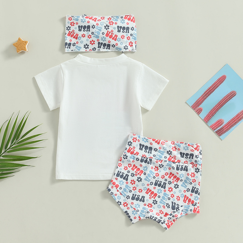  Baby Boy/Girl American Flag Print T-shirt + High-waisted Pant +Hairband Three-piece Set