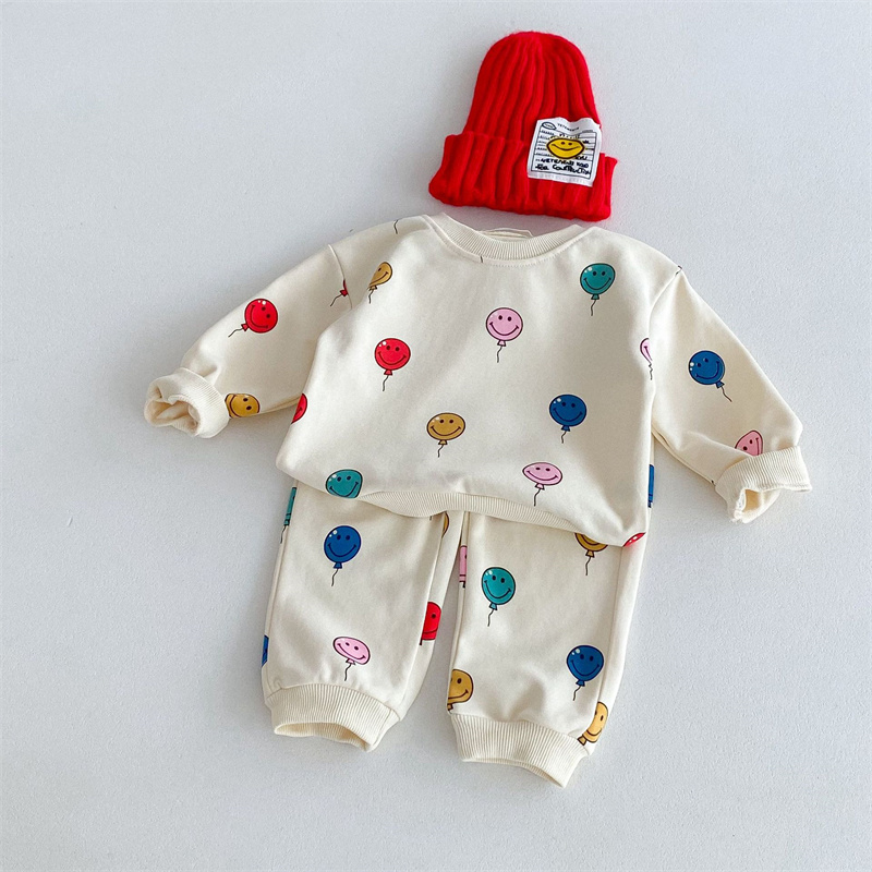 2pcs Baby Boy/Girl Smiley Colourful Balloon Print  Sweatshirt with Trouser Set