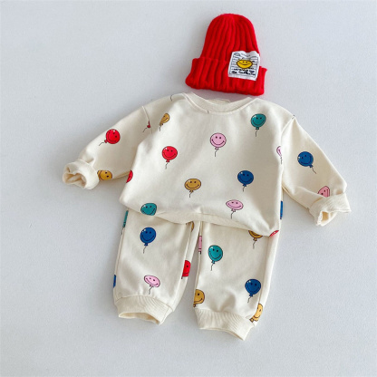 2pcs Baby Boy/Girl Smiley Colourful Balloon Print  Sweatshirt with Trouser Set
