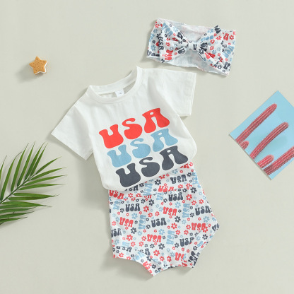  Baby Boy/Girl American Flag Print T-shirt + High-waisted Pant +Hairband Three-piece Set