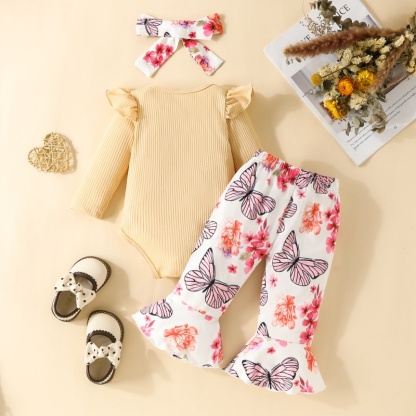 2pcs Baby Girl Cute Alphabetical Flowers Long Sleeve Set With Hairband