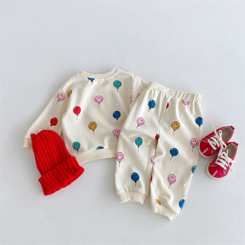 2pcs Baby Boy/Girl Smiley Colourful Balloon Print  Sweatshirt with Trouser Set