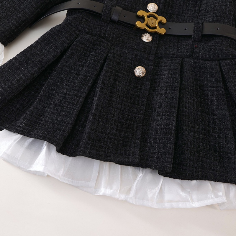 Baby Girl Tweed waisted padded and thickened pleated Long Sleeve Dress