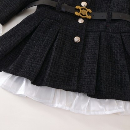 Baby Girl Tweed waisted padded and thickened pleated Long Sleeve Dress