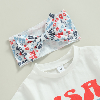  Baby Boy/Girl American Flag Print T-shirt + High-waisted Pant +Hairband Three-piece Set