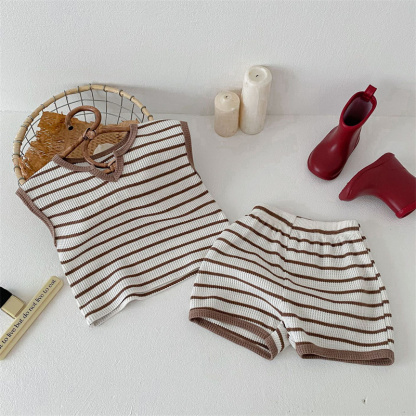 2pcs Baby Boy/Girl Stripe Clash Vintage Sleeveless T-Shirt with Pant Set