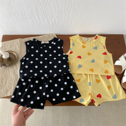 2pcs Baby Boy/Girl Thin Cotton Love Dot Print Sleeveless T-Shirt with Pant Set