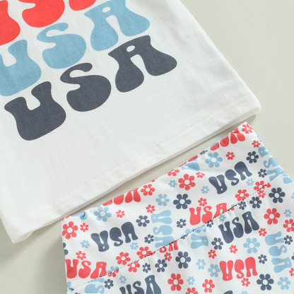  Baby Boy/Girl American Flag Print T-shirt + High-waisted Pant +Hairband Three-piece Set