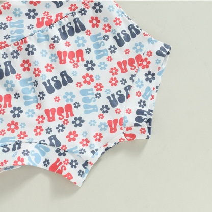  Baby Boy/Girl American Flag Print T-shirt + High-waisted Pant +Hairband Three-piece Set