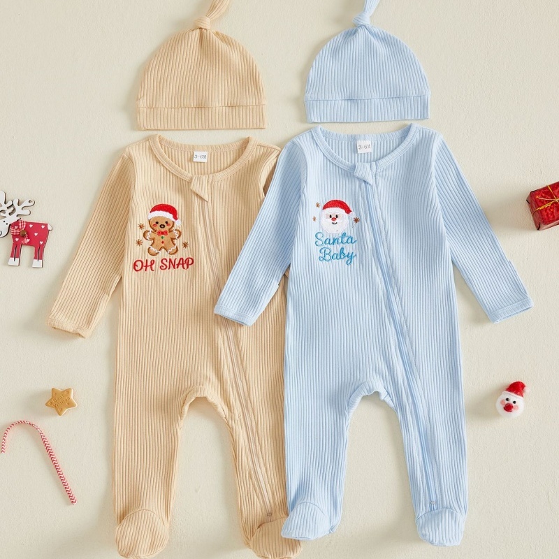 Gingerbread Embroidered Baby Footed Romper Set