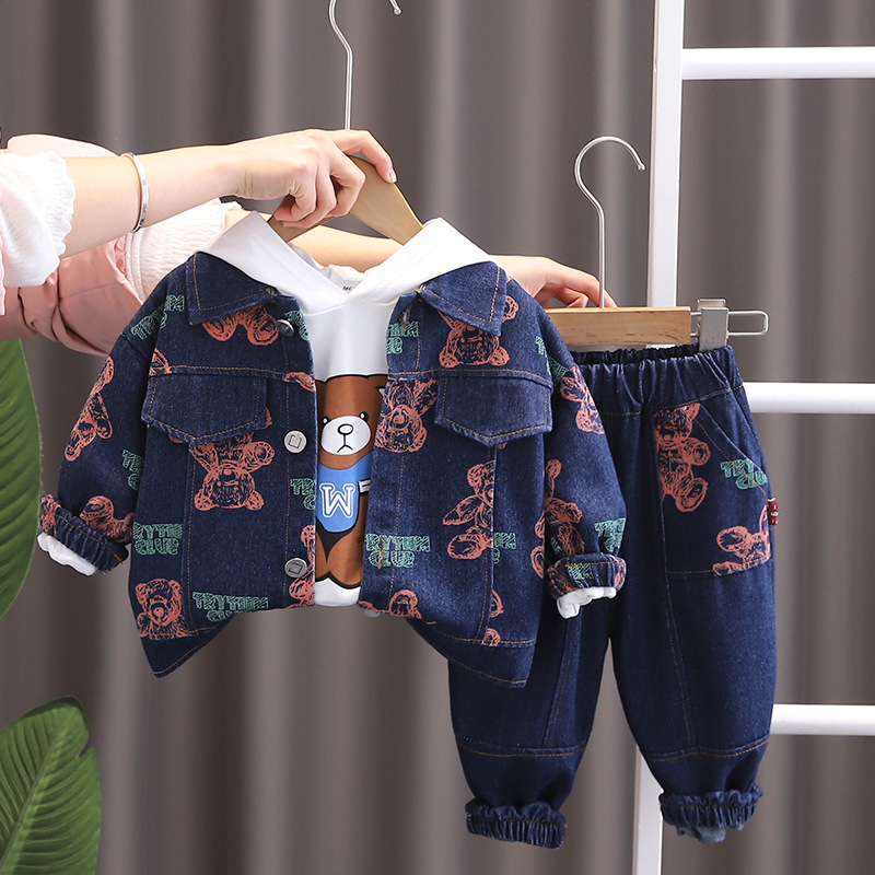 3pcs Baby Boy Full Print Bear Hooded Sweatshirt Long Sleeve Set