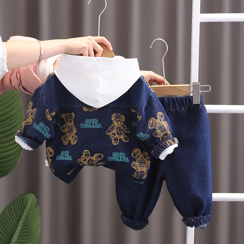 3pcs Baby Boy Full Print Bear Hooded Sweatshirt Long Sleeve Set