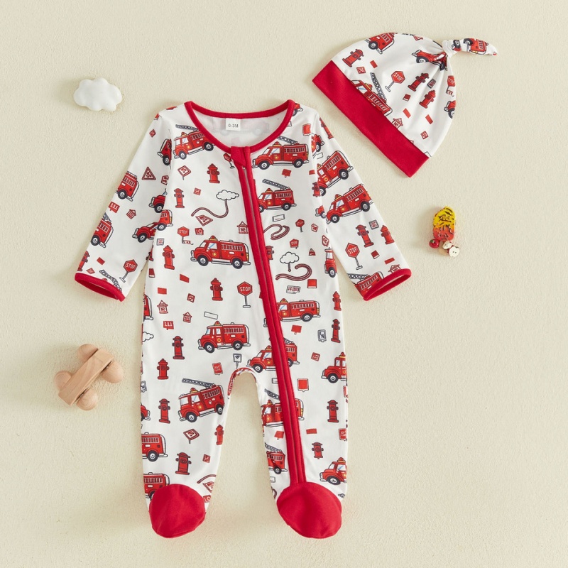 Fire Truck Print Zip Footed Baby Romper