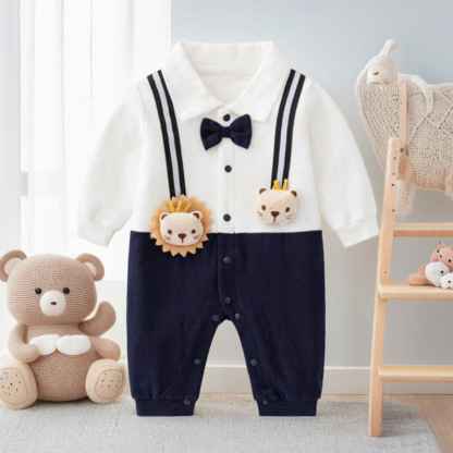 Mock Two-pieces Baby Boy Gentleman Bow Tie Long Sleeve Casual Romper