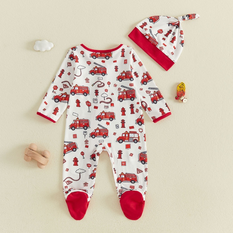 Fire Truck Print Zip Footed Baby Romper