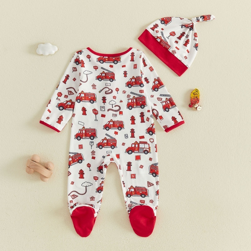 Fire Truck Print Zip Footed Baby Romper