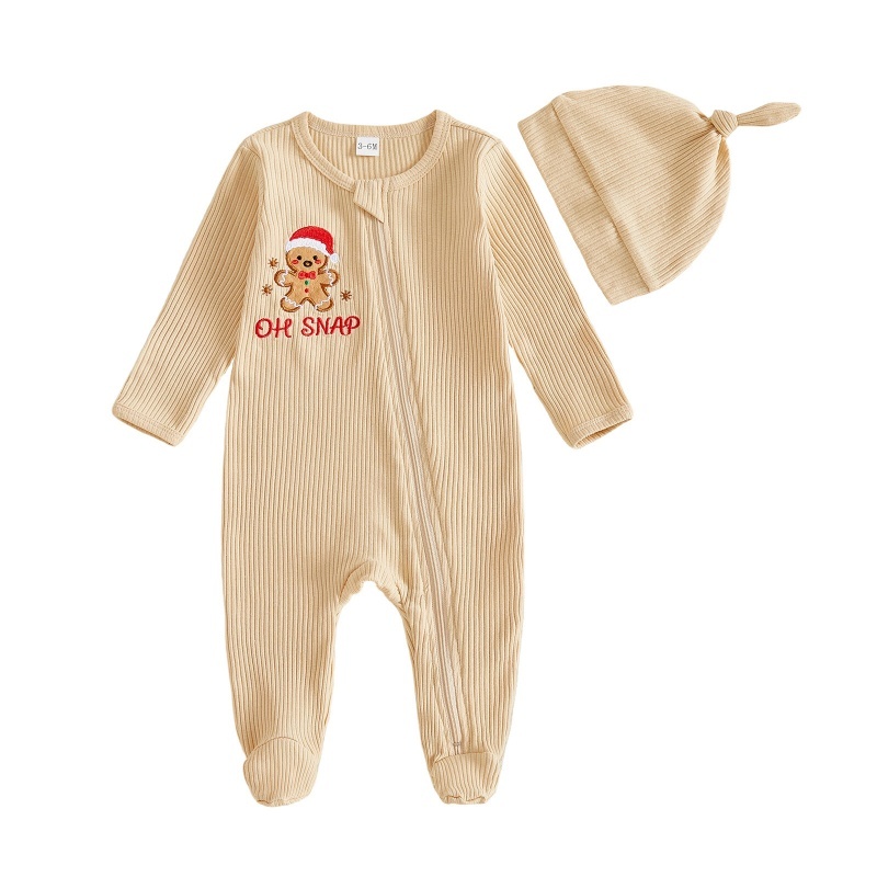 Gingerbread Embroidered Baby Footed Romper Set