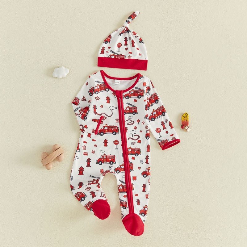 Fire Truck Print Zip Footed Baby Romper