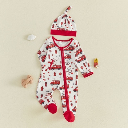 Fire Truck Print Zip Footed Baby Romper