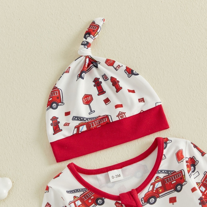 Fire Truck Print Zip Footed Baby Romper
