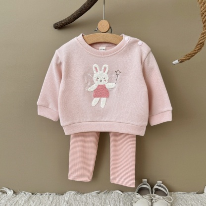 Baby Girl Pink Rabbit Embroidered Sweatsuit Set