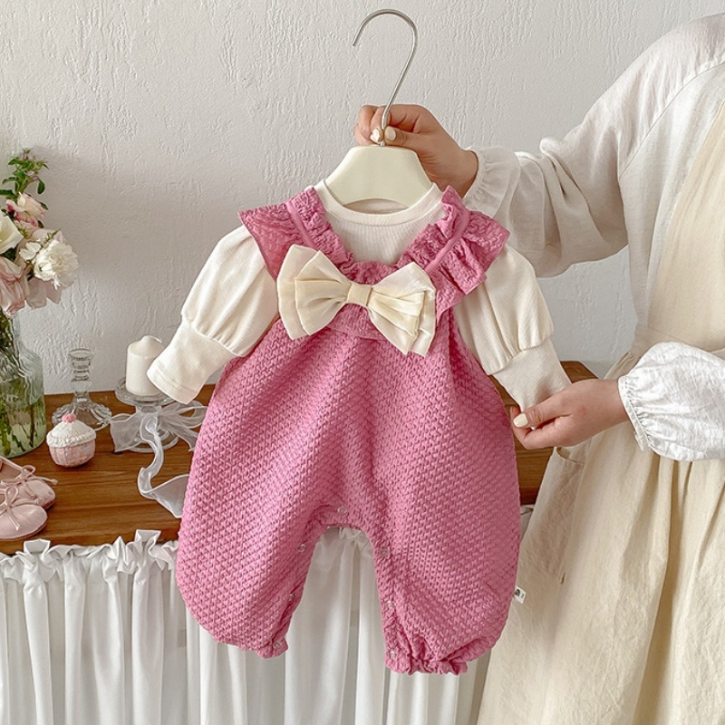 Baby Girl Solid Color Long Sleeve T-shirt and Bow Romper / Bodysuit-kissminis