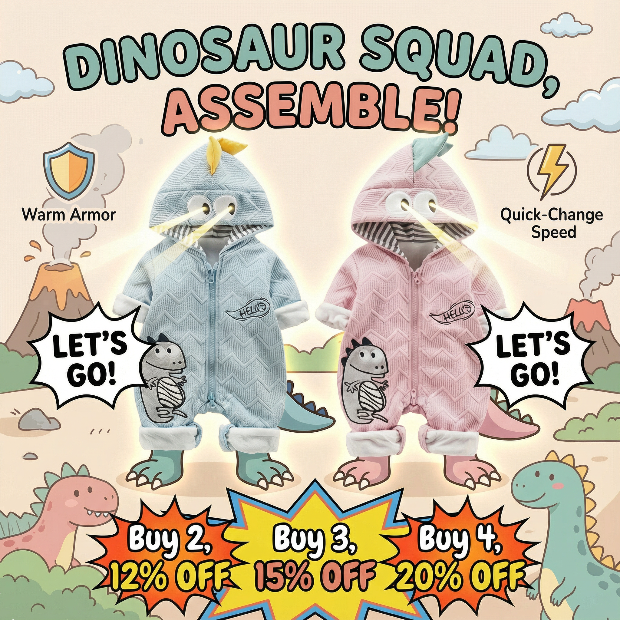 Baby Boy/Girl Winter Dinosaur Pattern Long Sleeve Hooded Romper