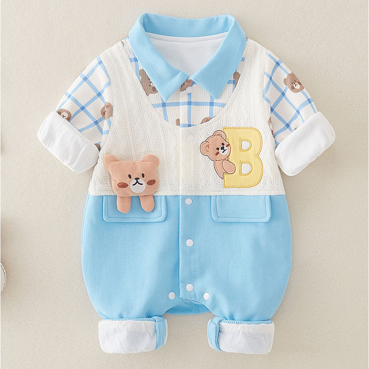Cartoon Cute Plaid Bear Embroidery Romper-kissminis