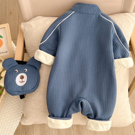 Baby Boy Cute Bear Pattern Stand Collar Long Sleeve Romper and Bag Set-kissminis