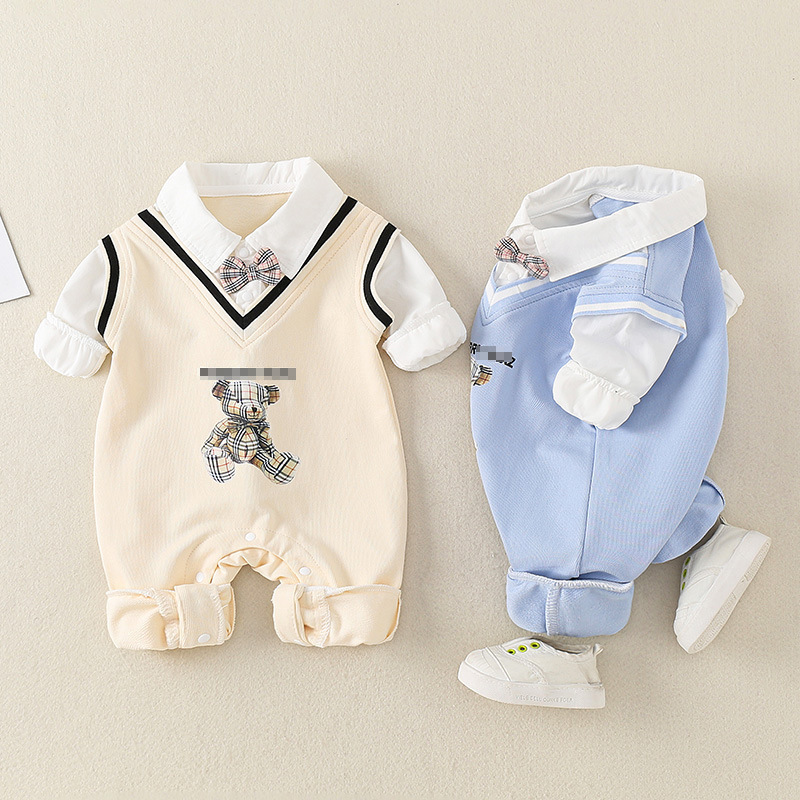 Mock Two-pieces Baby Boy Plaid Bear Print and Bow Tie Collar Long Romper-kissminis