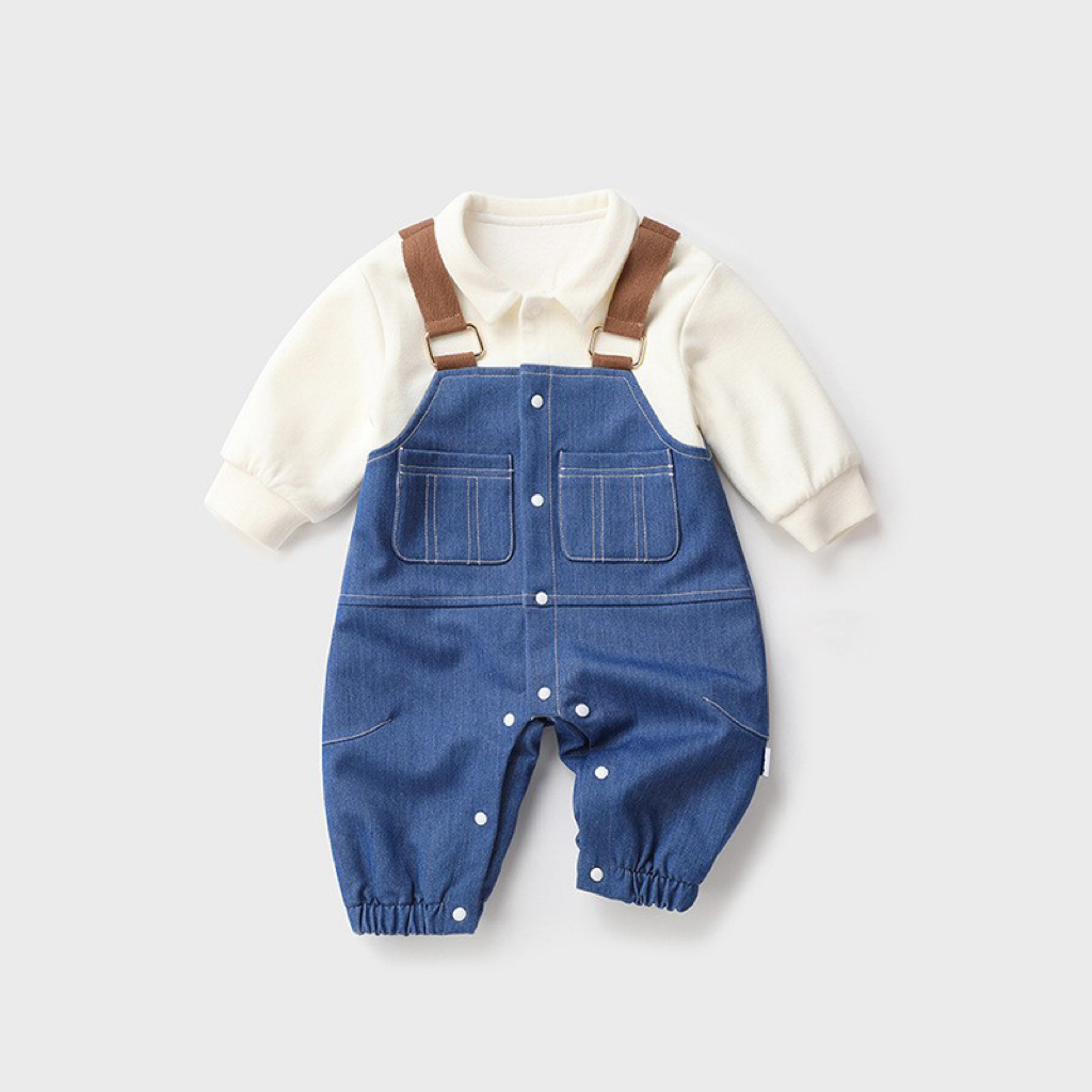 Baby & Girl Mock Overalls Denim Pocket Sleeve Romper-kissminis
