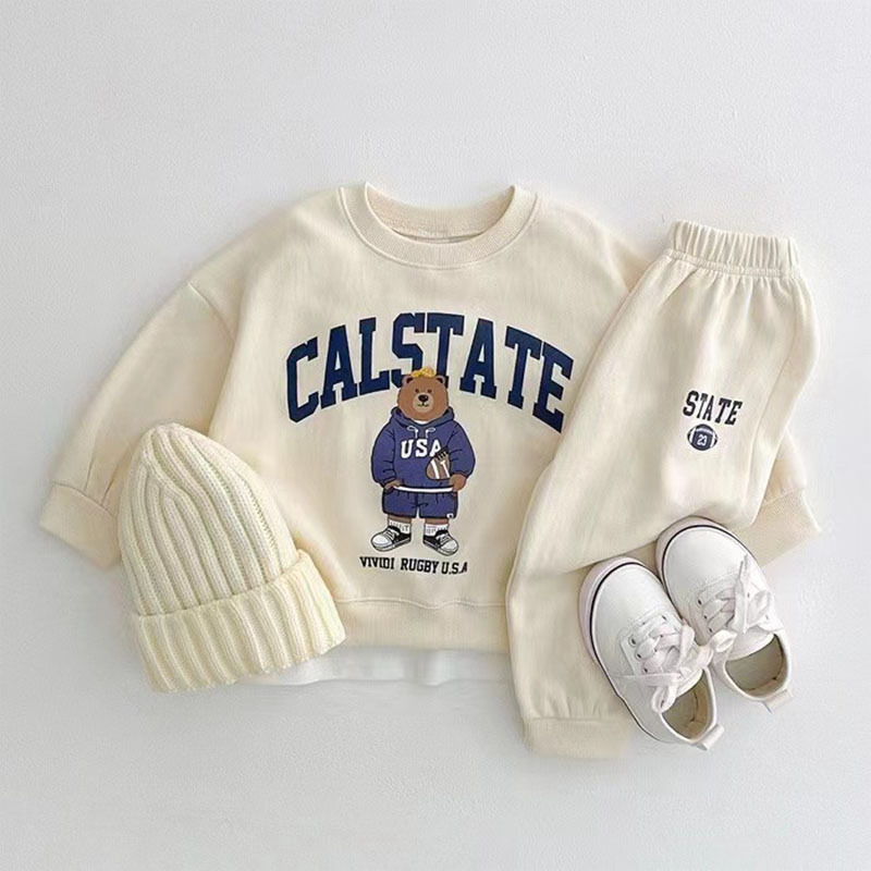 2pcs Toddler Boy/Girl Cute Bear and Letters Print Solid Color Long Sleeves Sweatshirt and Pants Set-kissminis
