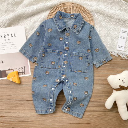 Baby Boy Allover Bear Print Polo Collar Pocket Decor Long Sleeve Botton Up Casual Denim Romper