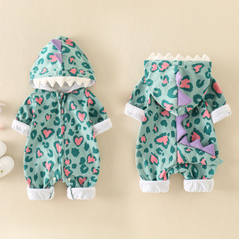 Newborn Baby Boy & Girl Dinosaur Design Hooded Long Sleeve Romper-kissminis